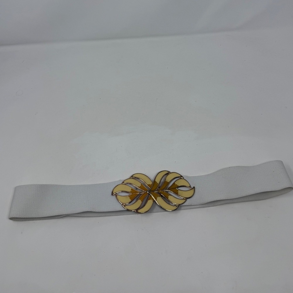 Vintage White Elastic Cinch Belt Gold Tone Enamel Leaf Buckle Made in Korea